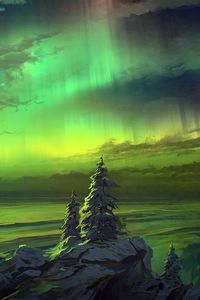 Preview wallpaper northern lights, trees, snowy, art