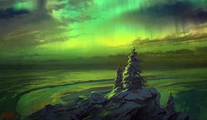 Preview wallpaper northern lights, trees, snowy, art