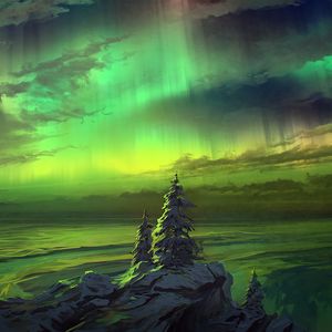 Preview wallpaper northern lights, trees, snowy, art