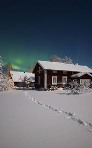 Preview wallpaper northern lights, winter, snow, house, trees