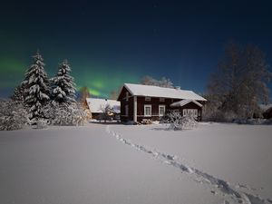 Preview wallpaper northern lights, winter, snow, house, trees
