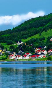Preview wallpaper norway, bay, houses, mountains
