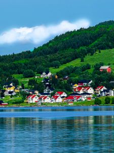 Preview wallpaper norway, bay, houses, mountains