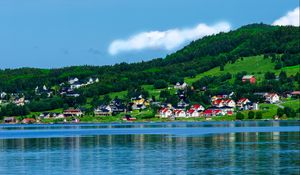 Preview wallpaper norway, bay, houses, mountains