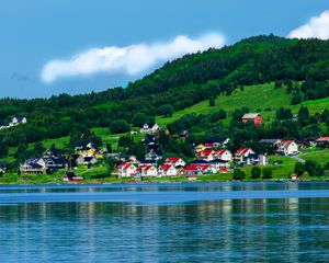 Preview wallpaper norway, bay, houses, mountains