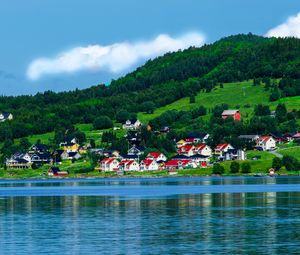 Preview wallpaper norway, bay, houses, mountains