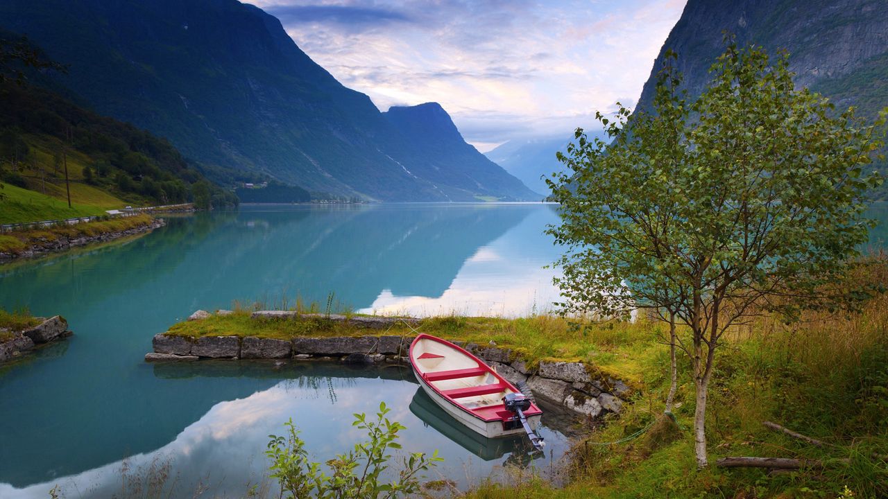 Wallpaper norway, boat, mountains, blue water, lake, coast, stones, grass