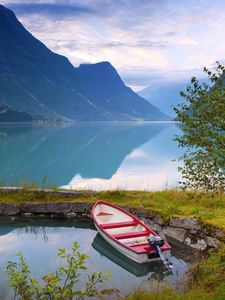 Preview wallpaper norway, boat, mountains, blue water, lake, coast, stones, grass