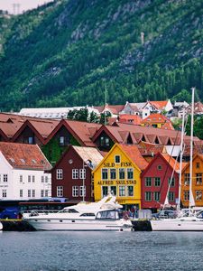 Preview wallpaper norway, home, sea, boats, mountains