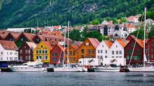Preview wallpaper norway, home, sea, boats, mountains