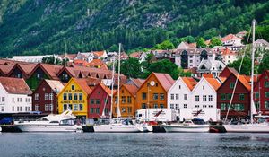 Preview wallpaper norway, home, sea, boats, mountains