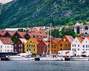 Preview wallpaper norway, home, sea, boats, mountains