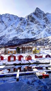 Preview wallpaper norway, mountains, buildings, bay, winter, snow