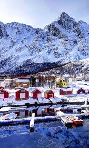 Preview wallpaper norway, mountains, buildings, bay, winter, snow