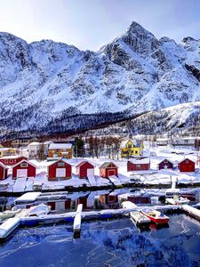 Preview wallpaper norway, mountains, buildings, bay, winter, snow