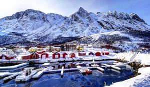 Preview wallpaper norway, mountains, buildings, bay, winter, snow