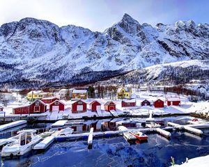 Preview wallpaper norway, mountains, buildings, bay, winter, snow