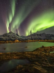 Preview wallpaper norway, night, northern lights, lake