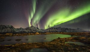 Preview wallpaper norway, night, northern lights, lake