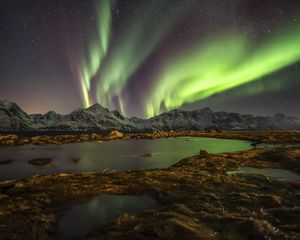 Preview wallpaper norway, night, northern lights, lake