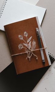 Preview wallpaper notebook, pen, flowers, paper