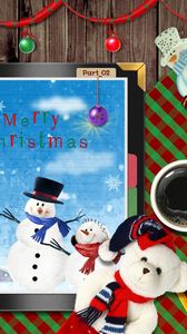 Preview wallpaper notebook, snowmen, table, coffee, snowflakes, holiday, christmas, toys