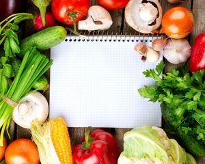 Preview wallpaper notebook, vegetables, cauliflower, garlic, tomatoes, cucumbers, mushrooms, herbs, corn, red pepper