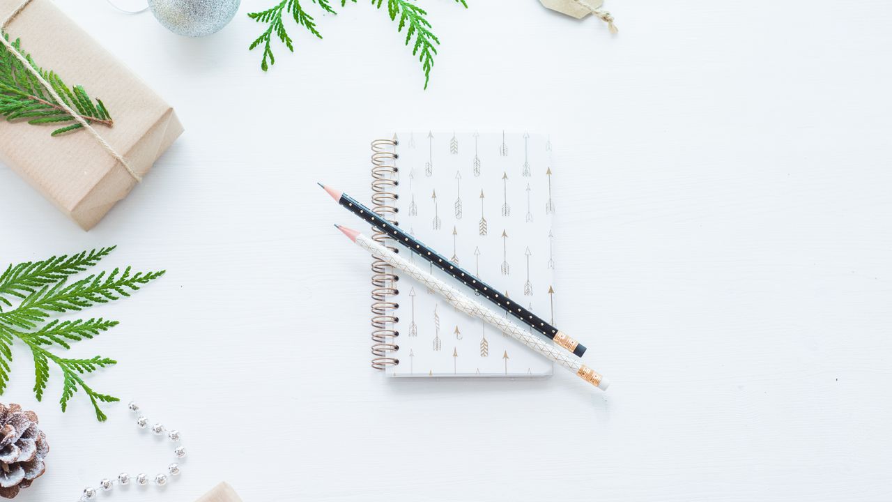 Wallpaper notepad, pencils, pine needles, white