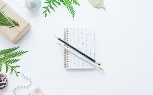 Preview wallpaper notepad, pencils, pine needles, white