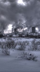 Preview wallpaper nuclear station, plant, smoke, black-and-white