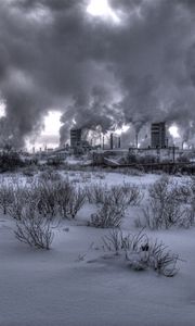 Preview wallpaper nuclear station, plant, smoke, black-and-white