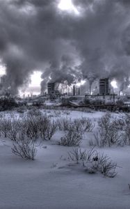 Preview wallpaper nuclear station, plant, smoke, black-and-white