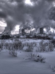 Preview wallpaper nuclear station, plant, smoke, black-and-white