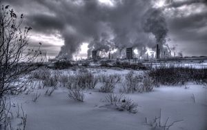 Preview wallpaper nuclear station, plant, smoke, black-and-white