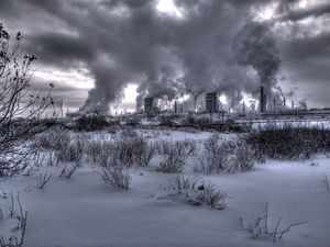 Preview wallpaper nuclear station, plant, smoke, black-and-white