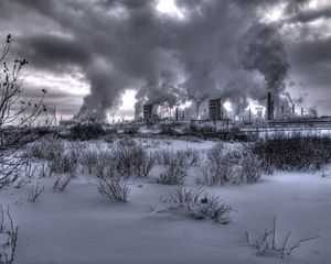 Preview wallpaper nuclear station, plant, smoke, black-and-white