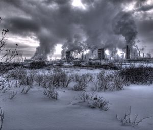 Preview wallpaper nuclear station, plant, smoke, black-and-white