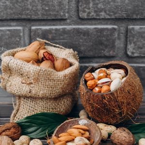 Preview wallpaper nuts, hazelnuts, walnuts, peanuts, shells