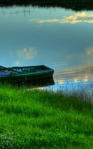 Preview wallpaper oat, coast, grass, greens, summer, mooring, lake, stains