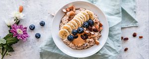 Preview wallpaper oatmeal, berries, fruits, nuts, breakfast