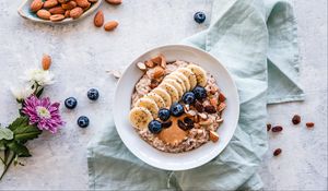 Preview wallpaper oatmeal, berries, fruits, nuts, breakfast