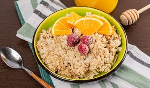 Preview wallpaper oatmeal, porridge, berries, fruit, bowl, breakfast