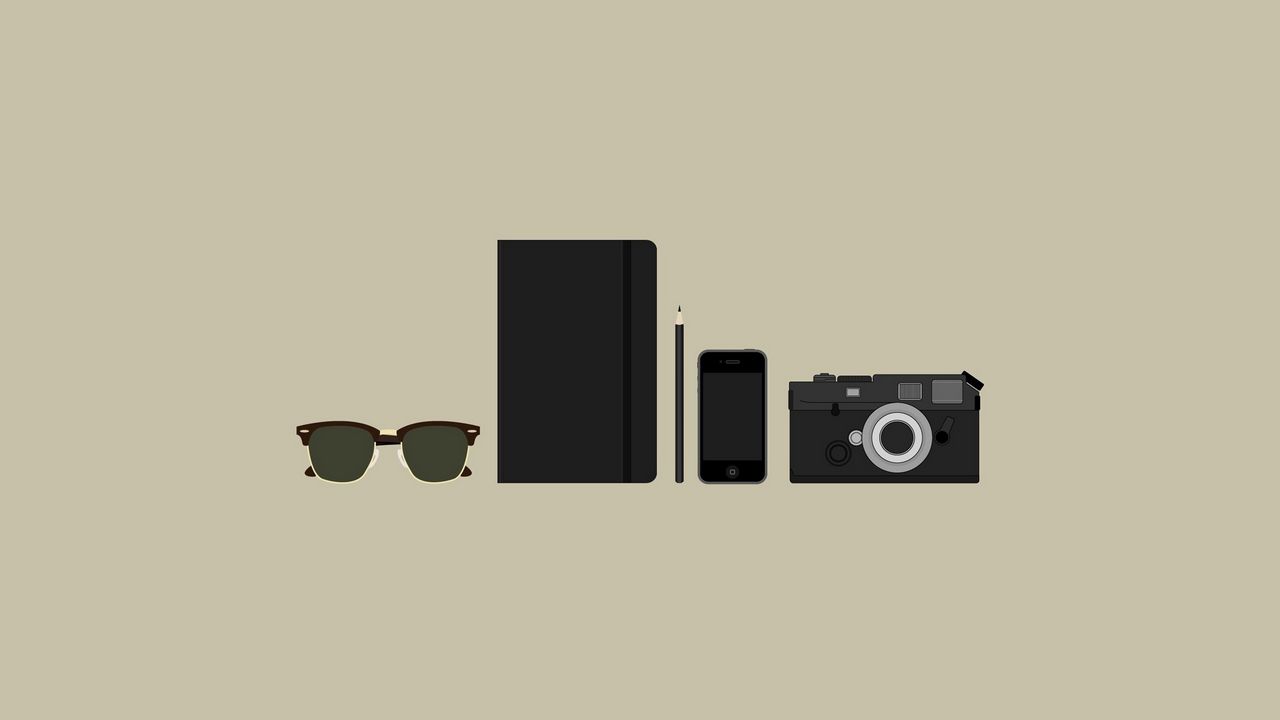 Wallpaper objects, camera, sunglasses, wallets, phones, minimalism