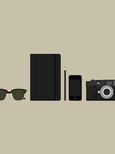 Preview wallpaper objects, camera, sunglasses, wallets, phones, minimalism