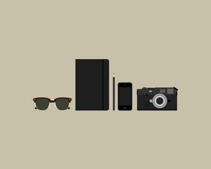 Preview wallpaper objects, camera, sunglasses, wallets, phones, minimalism