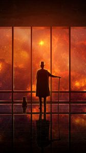 Preview wallpaper observatory, observer, starry sky, space, sparkling, reflection, man, hat, cloak, cane, cat