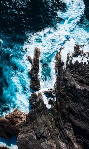 Preview wallpaper ocean, aerial view, rocks, surf, foam, waves, water