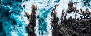 Preview wallpaper ocean, aerial view, rocks, surf, foam, waves, water