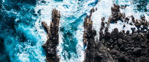 Preview wallpaper ocean, aerial view, rocks, surf, foam, waves, water