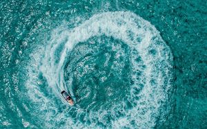Preview wallpaper ocean, aerial view, ship, funnel, waves